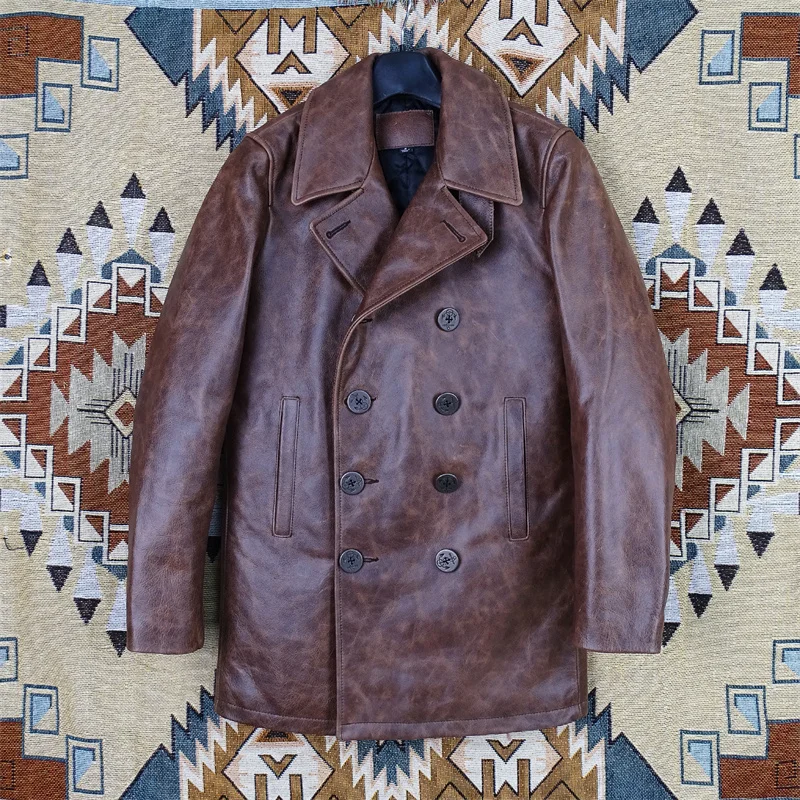 

Blunt Razor Plus Cotton Imported Hard Batik Cowhide 740 Double-breasted Windbreaker Super Heavy Leather Leather Men's