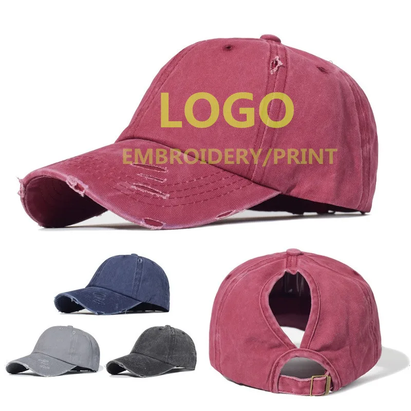 

Потертая джинсовая спортивная шапка в стиле хип-хоп, бейсболка с открытой спиной и конским хвостом, сделанная на заказ, потертая шапка-тракер, кепки, кепки