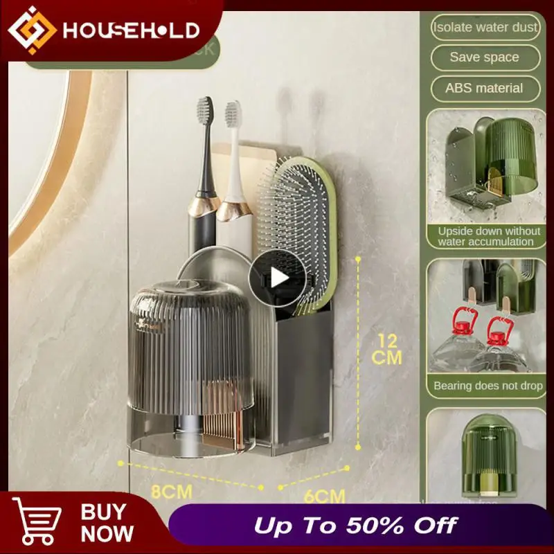 

Toilet Gargle Brushing Cup Storage Rack With Wash Cup Solid Color Tooth Mat Hole-free Hanging Rack Home Bathroom Storage Tool