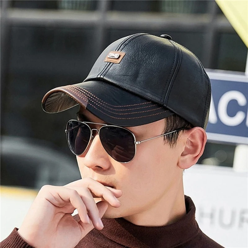 

Autumn Men's Baseball Cap PU Leather Fashion Windproof Hat Adjustable Winter Warm Male Casual Baseball Cap