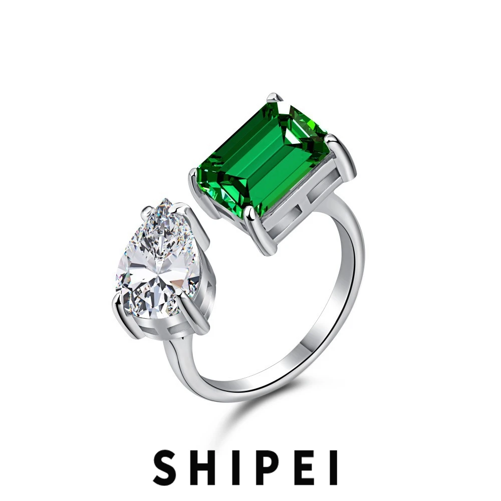 

SHIPEI 925 Sterling Silver Emerald/Pear Cut Emerald White Sapphire Gemstone Ring Open Ring For Women Gift Fine Jewelry Wholesale