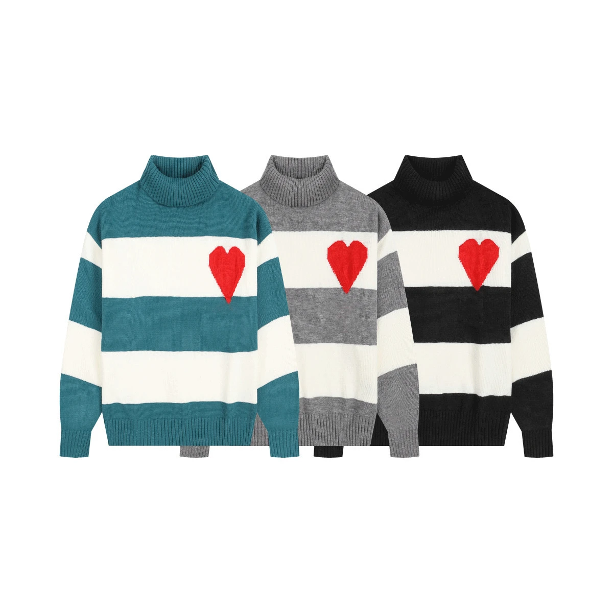 

2023 high-quality jacquard big love striped turtleneck sweater ins men and women casual loose all-match lazy wool sweater