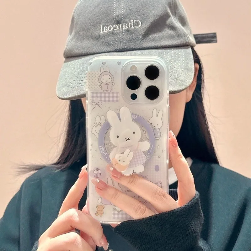 Фото Милый магнитный чехол-подставка Miffy для Samsung Galaxy S25 Ultra S24 S23 Plus S22, противоударный, с дизайном кролика в стиле рюкзака для чтения №2