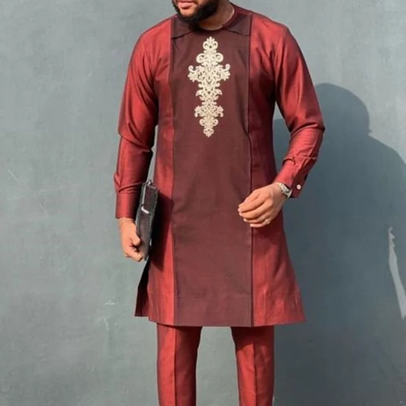 Islamic Men's Long Shirts Muslim Ethnic Straight Red Male Tops Spring Autumn Man Long Sleeve T-shirt African Clothing Ramadan