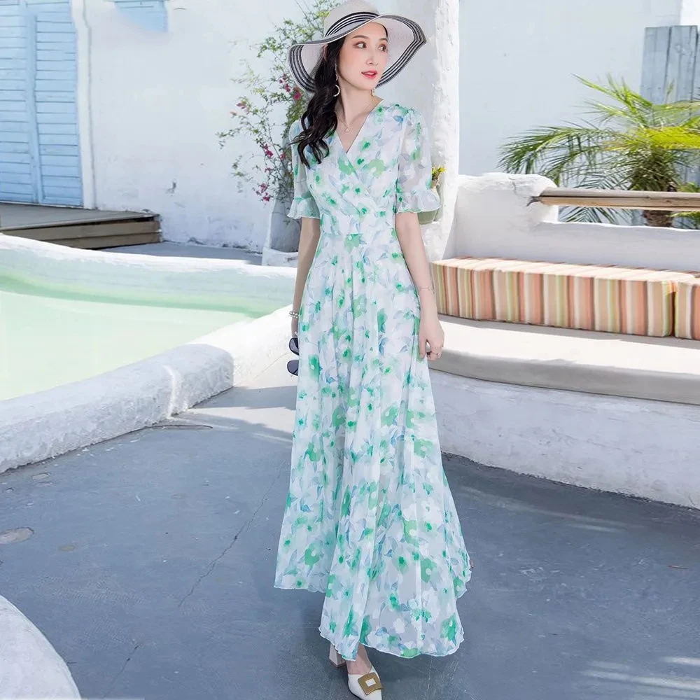 Модное зеленое сказочное платье Новинка лета 2022 шифоновая длинная юбка с