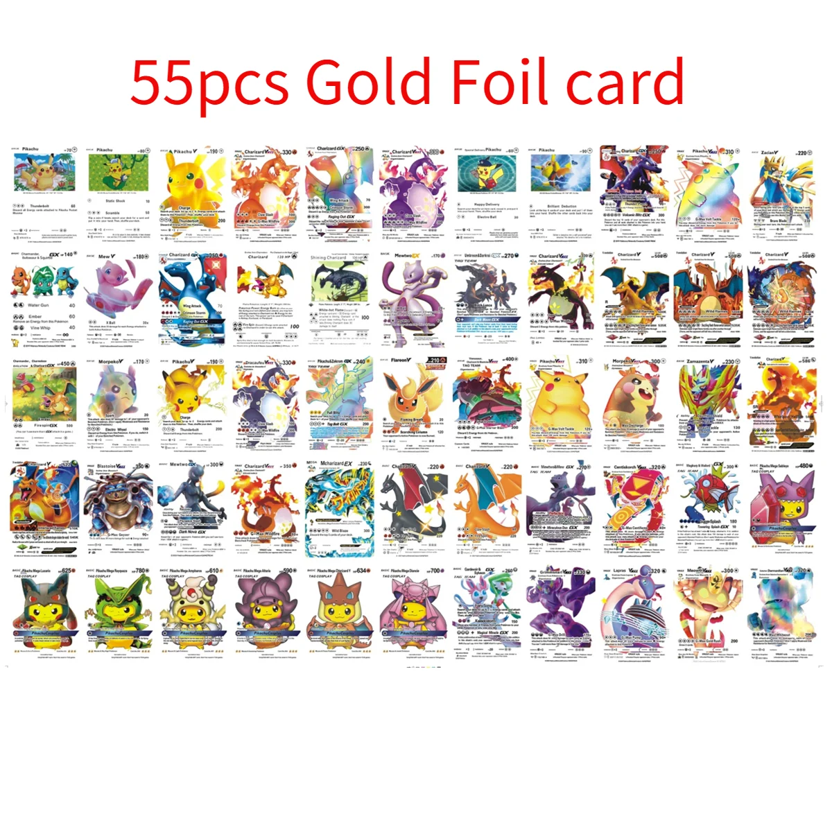 55 шт./компл. Покемон английская испанская Золотая фольга металлическая карта