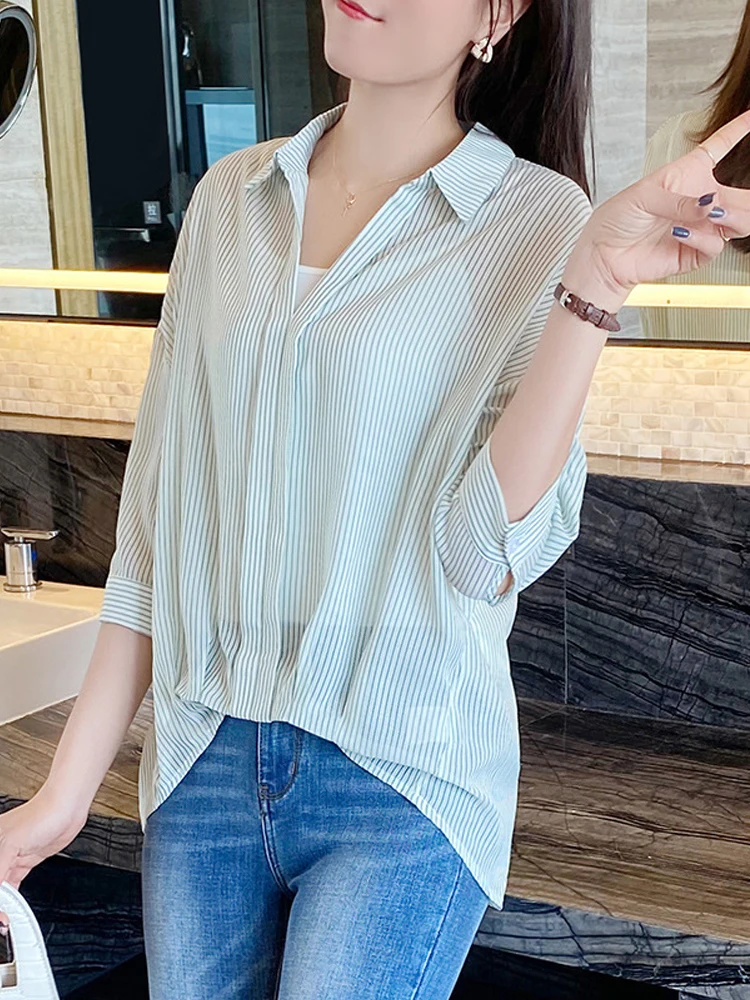 

Женская Длинная свободная рубашка-поло, элегантная повседневная блузка в полоску с рукавом три четверти и воротником-поло, модные топы с жи...