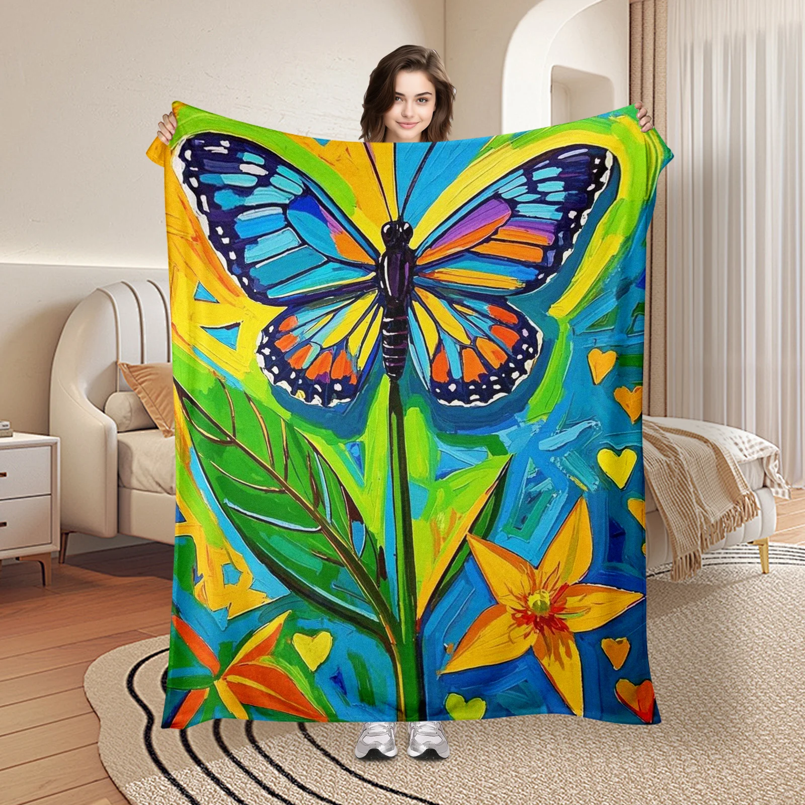Кашемировый плед Butterfly Leaves Floral Yellow Blue
