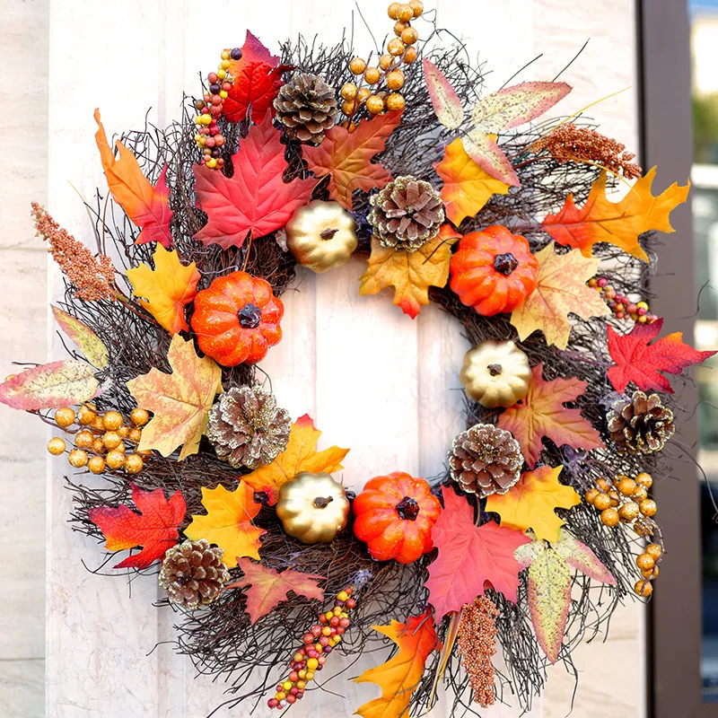 

Halloween Autumn Door Wreath Fall Garland Pumpkin Maple Pine Cones Decoration Christmas Thanksgiving Artificial Floewer Decor