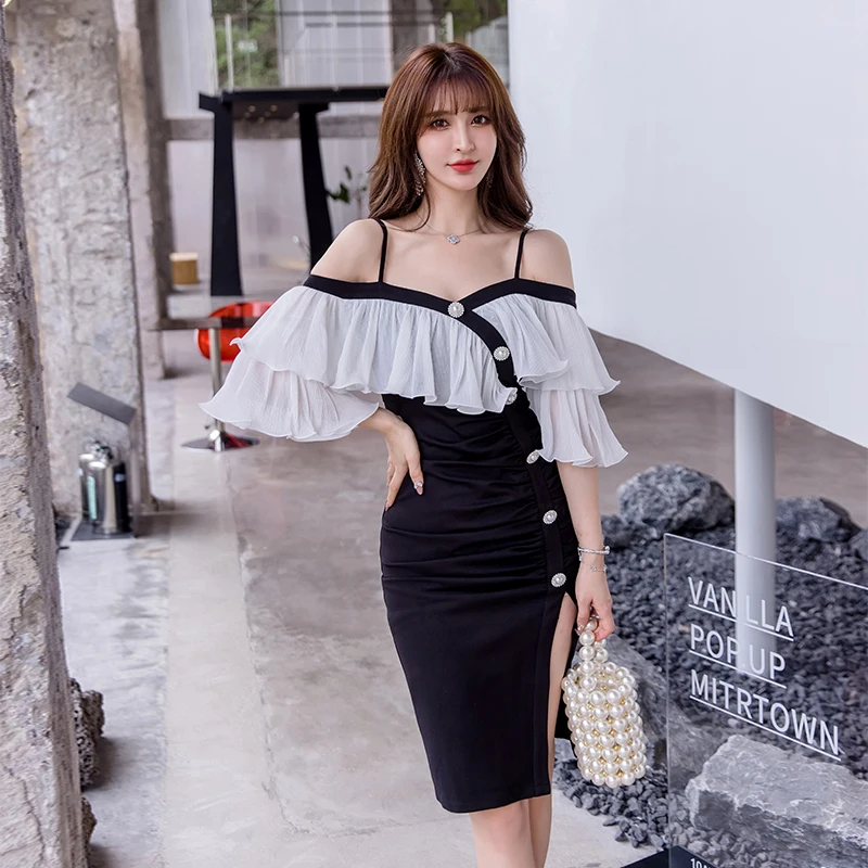 

JSXDHK New French Summer Bodycon Dress Sexy Women Spaghetti Strap Ruffles Pearl Single Breasted Pencil Split Club Party Dresses