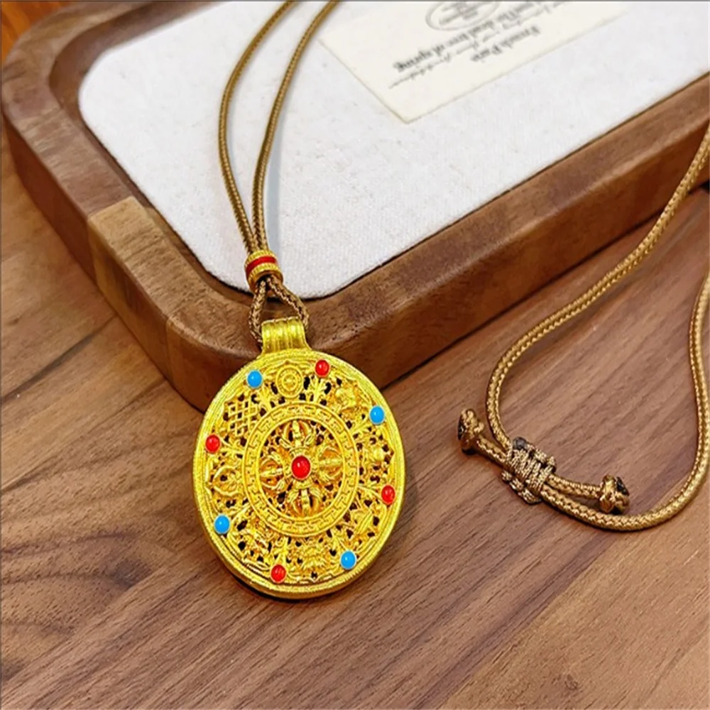 Sand gold hollowed out enamel colored diamond pestle eight treasure compass pendant lucky and auspicious necklace