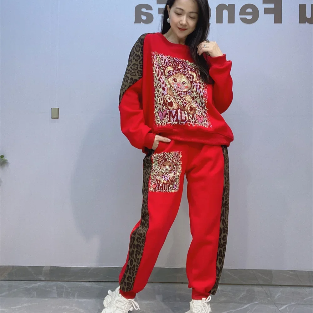 Флисовые комплекты свитшотов зима 2024 новинка популярный топ с леопардовым