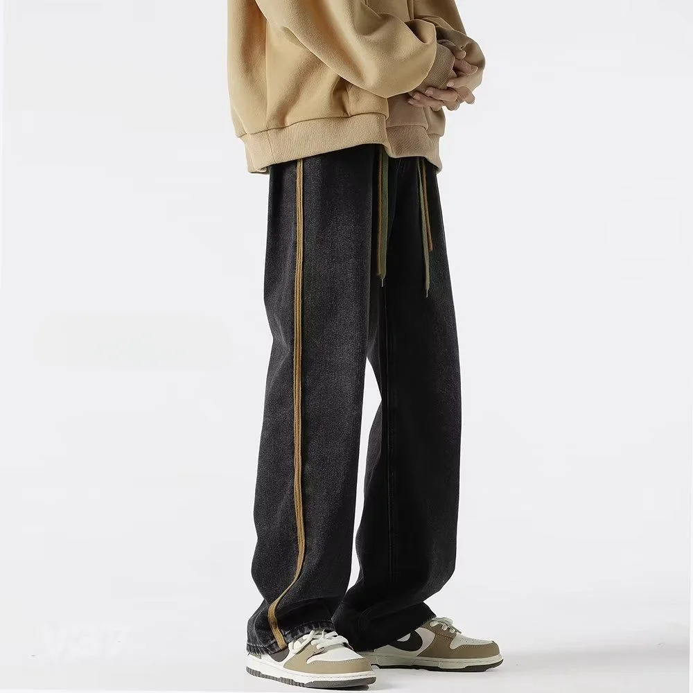 

Classic Style Wide Leg Men's Jeans Spring Summer Cotton Soft Drawstring Straight Pants Vintage Korea Casual Trousers Male C49