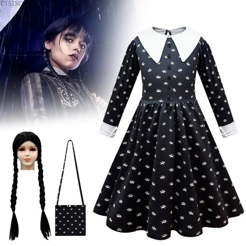 

Kids Disguise Wednesday Addams Cosplay Dress and Wig Bag Set Girls Halloween Costumes Carnival Gothic Black Birthday Clothing