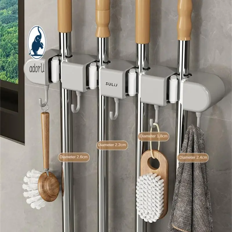 

Broom Hanger Storage Rack Wall Mounted Mop Organizer 4 Position Brush Holder Suction Traceless Hooks Kitchen Accessories