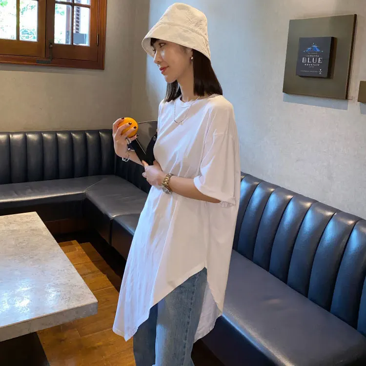 

Cotton Korean Women's Irregular Short Sleeve T-shirt 2022 Summer New Long Black And White Loose Top