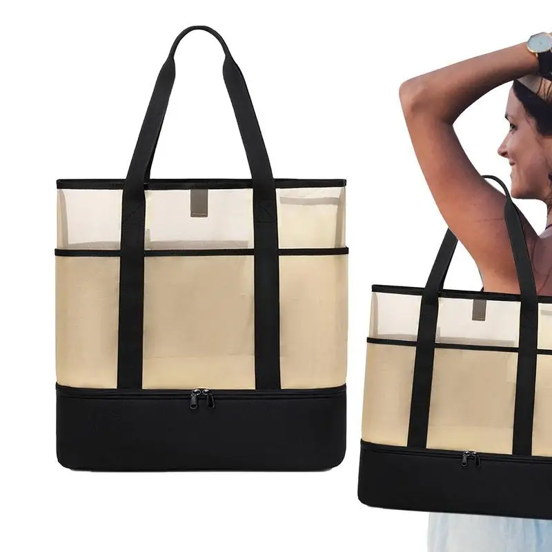 

Пляжная сумка-холодильник, большая сетчатая пляжная сумка с карманами, сетчатые пляжные сумки, женская изолированная сумка для бассейна, дл...