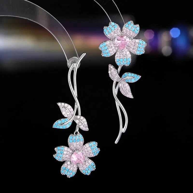 

Elegant Asymmetric Full Zircon Sakura Blossom Pendant Earrings for Women Jewelry Wedding Party Cute Flower Drop Earrings