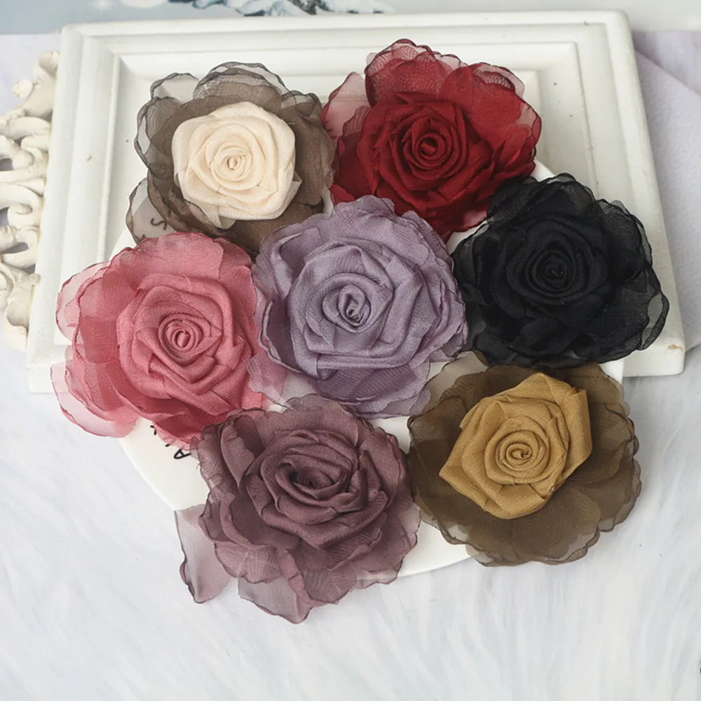 

5PCS Chiffon Organza Satin Fabric Rose Flower Headwear Hat Dress Clothes Decoration Necklace Hair DIY Accessories