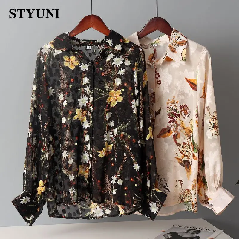 Vintage Print Lantern Sleeve Chiffon Woman Blouses 2022 Top Long Sleeve Loose Single Breasted Lapel Chiffon Women's Shirt Blouse  - buy with discount