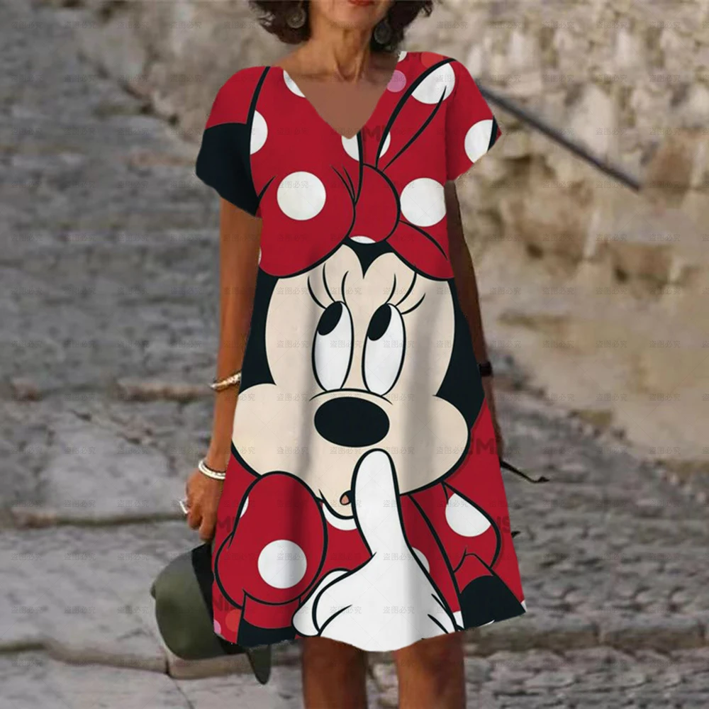 Women's Shift Dress Short Sleeve Disney Mickey Mouse Minnie 3D Print Knee Length Dress 2022 Summer V-Neck Casual Ladies Dress