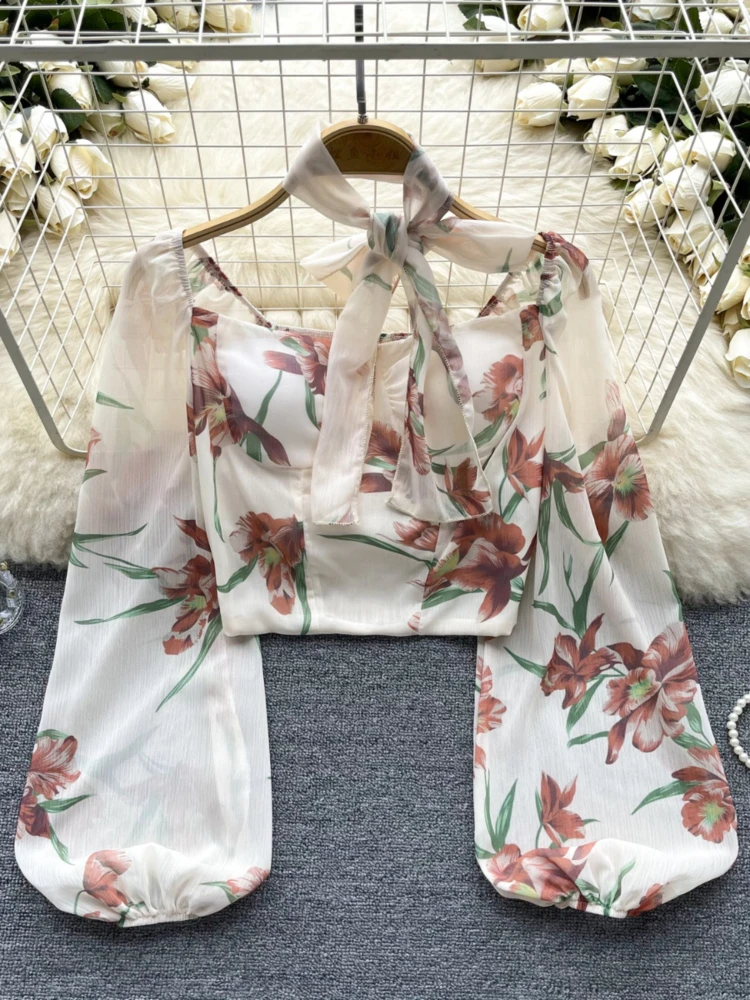 Женская винтажная шифоновая блузка милая Укороченная рубашка с квадратным