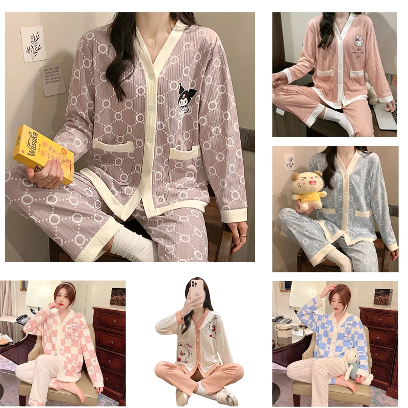

Sanrios Kawaii Spring Autumn Cotton Long Sleeve Cute Mymelody Kuromi Cinnamoroll V-Neck Cardigan Homewear Set
