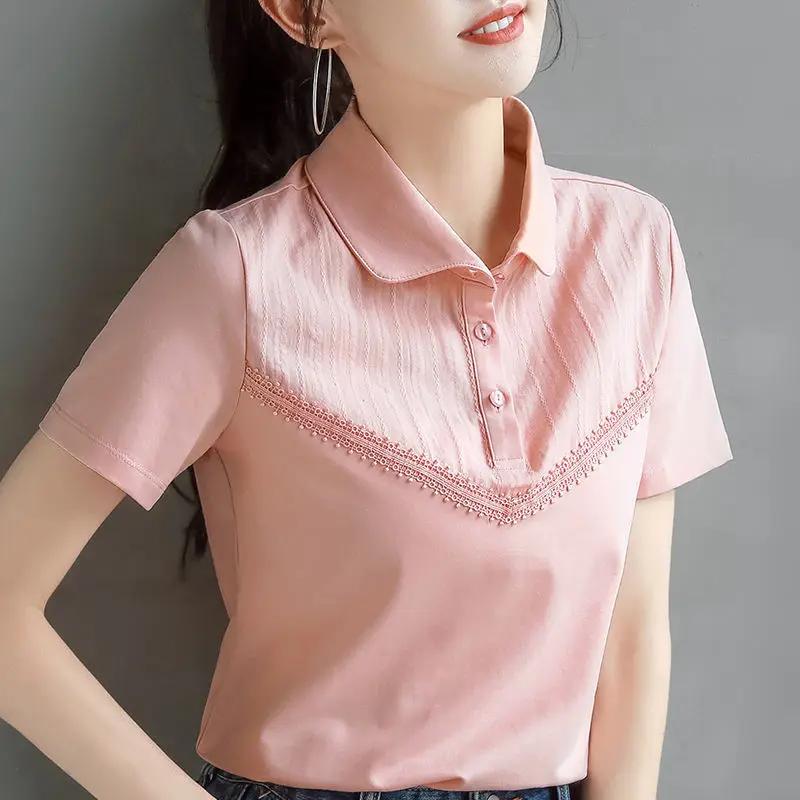 

Fashion Lapel Spliced Button Loose Lace Blouse Women's Clothing 2023 Summer New Oversized Casual Pullovers All-match Shirt