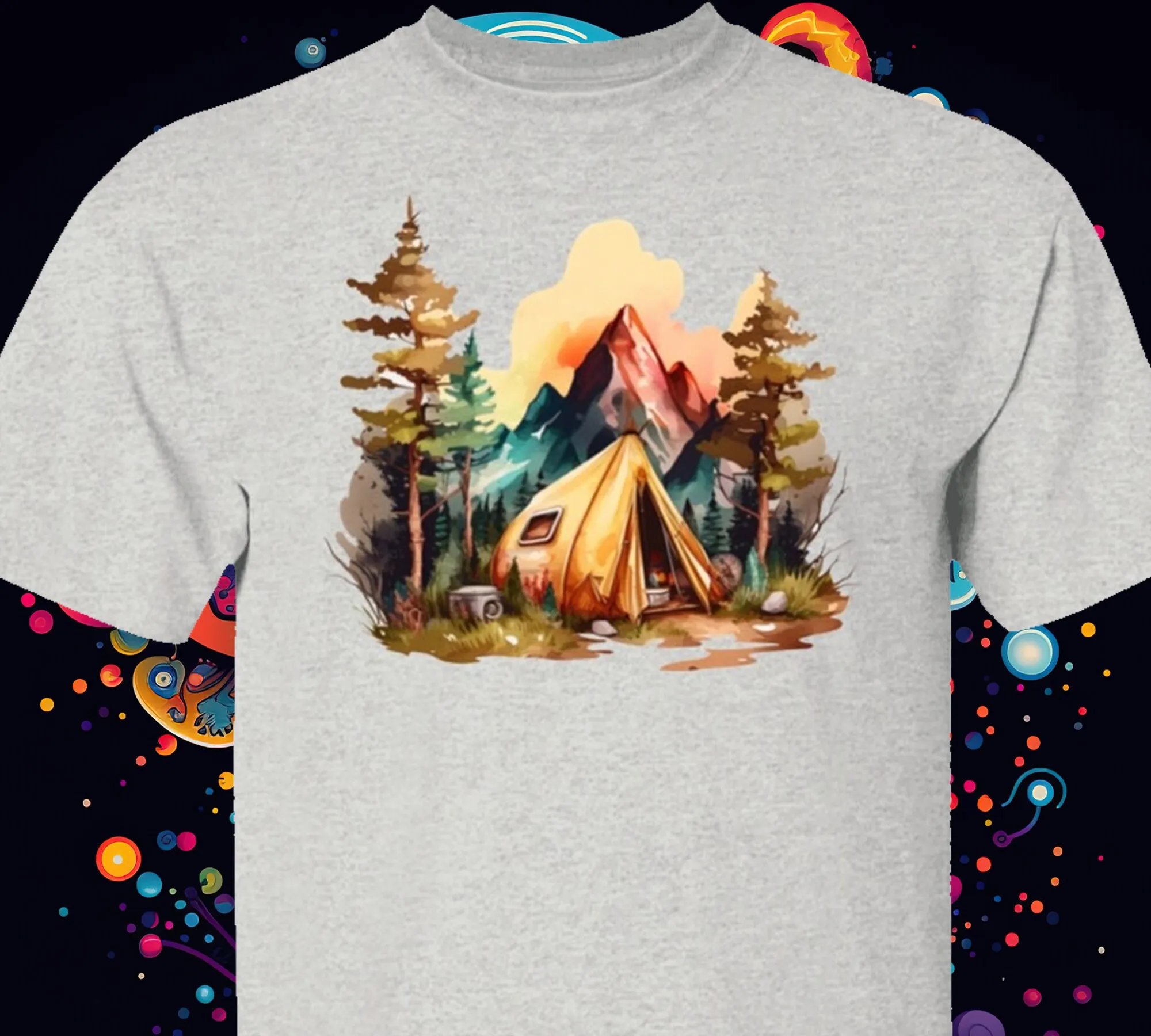 Красивая летняя футболка с акварельной сценой для кемпинга и горы