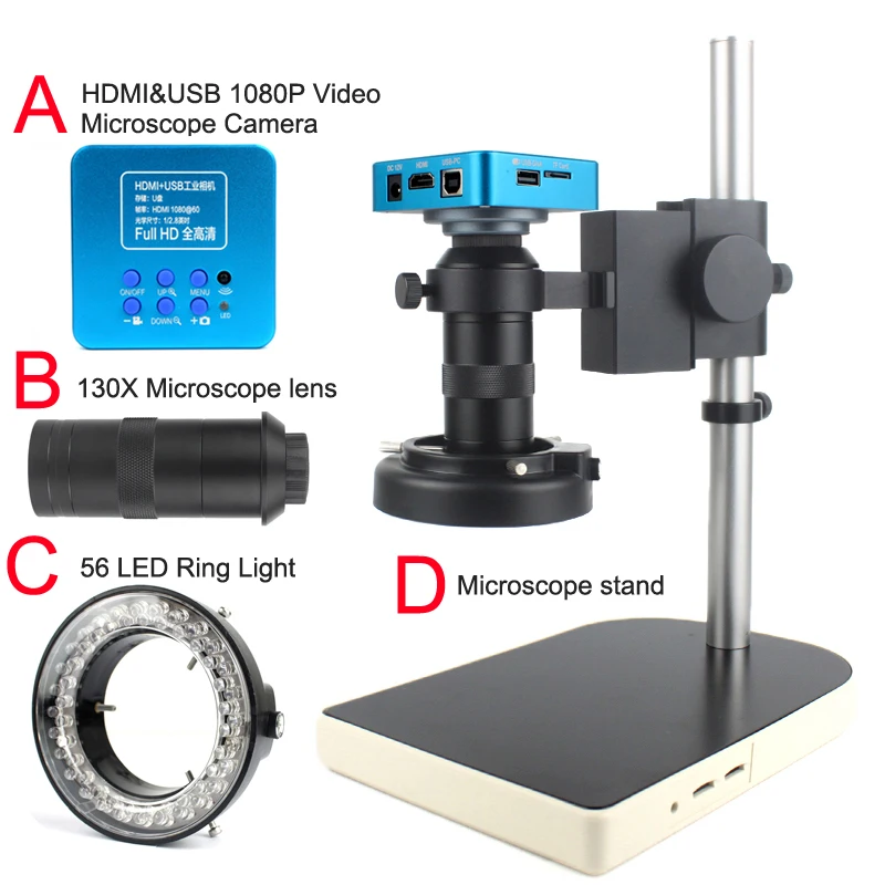 

HDMI Microscope Camera Set HD 38MP 60F/S HDMI VGA Industrial Microscope Camera+130X C mount lens USB LED Ring Light Lamp