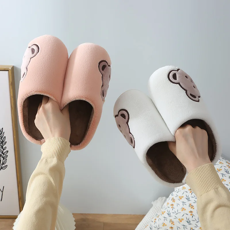 2022 New Lovers Cotton Slippers Cute Bear Indoor Warm Autumn And Winter Men's Home Floor Flat Couple Light Comfort Furry Shoes