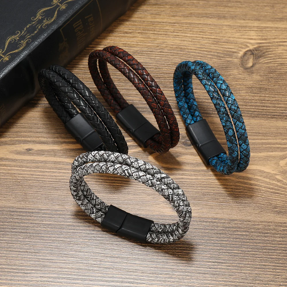 

New Retro Double Woven Bracelet Handmade Leather Magnetic Buckle Bracelet Simple Men's and Women's Jewelry