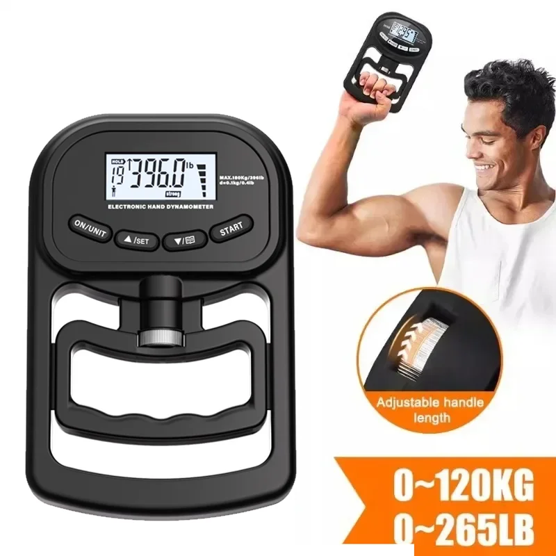 Фото Цифровой динамометр для измерения силы хвата 265 фунтов/120 кг с USB и ЖК-экраном для силовой тренировки и спорта №1
