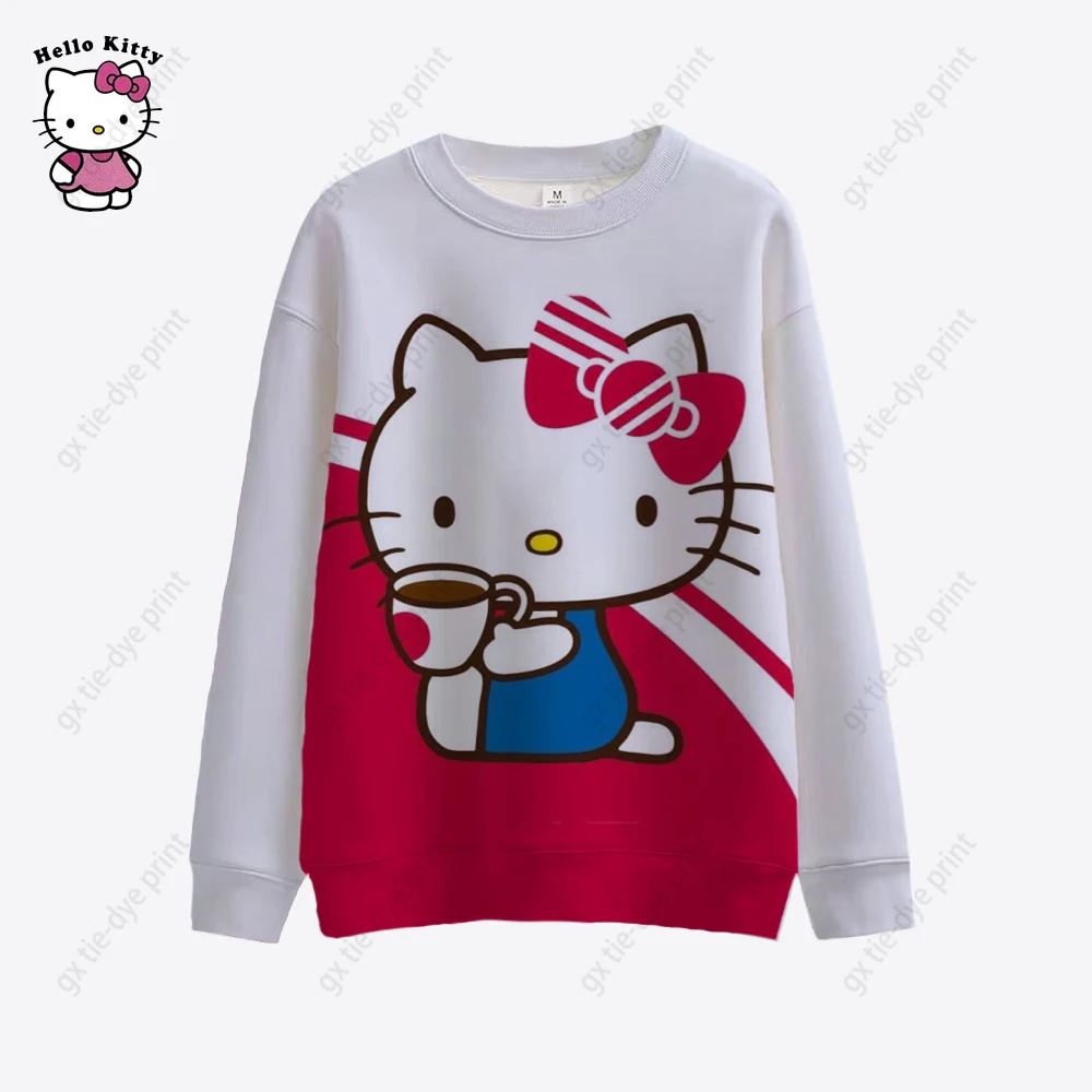 

Толстовка с капюшоном Hello Kitty Женская, повседневный свитшот с круглым вырезом, в стиле Харадзюку, эстетичная уличная одежда с объемным рисунком, топы в Корейском стиле