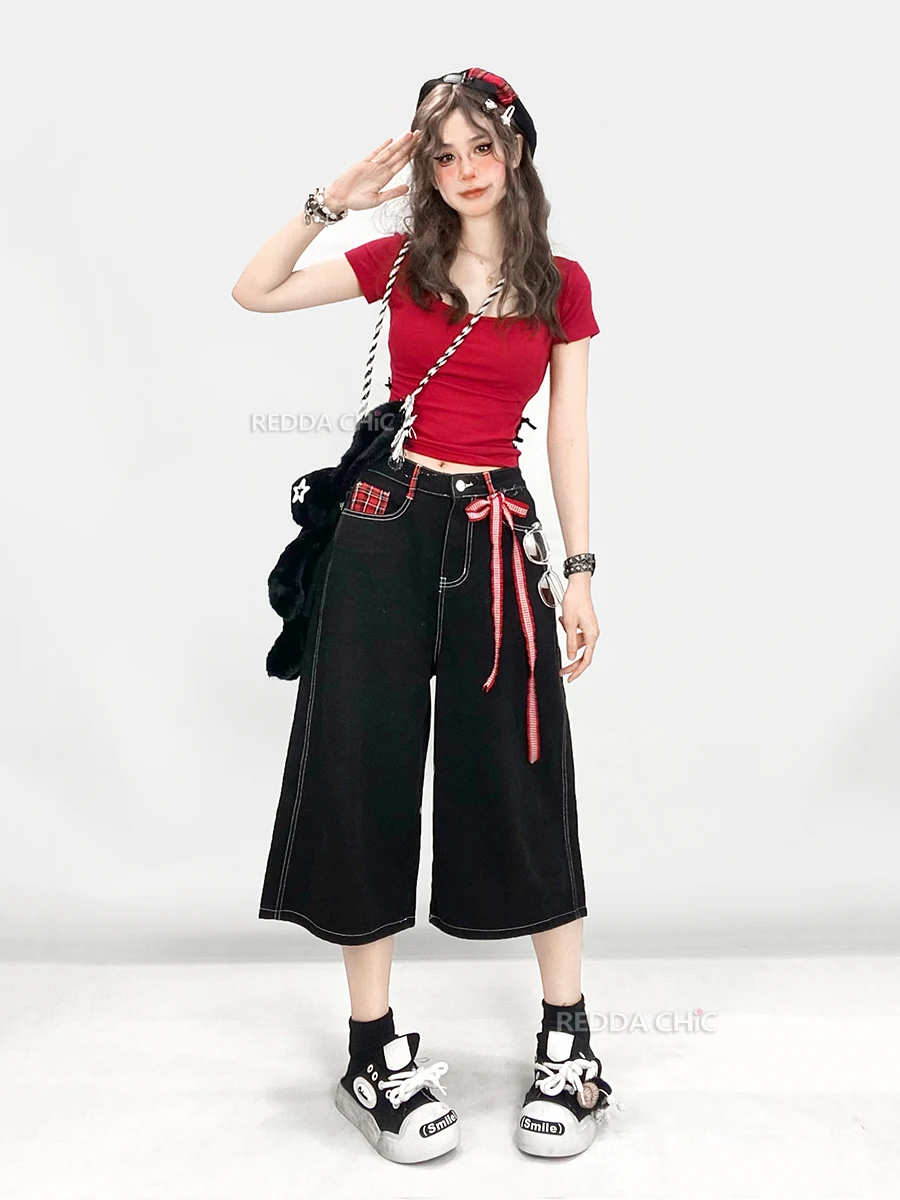 Женские свободные джинсы REDDACHiC красные клетчатые лоскутные с низкой посадкой