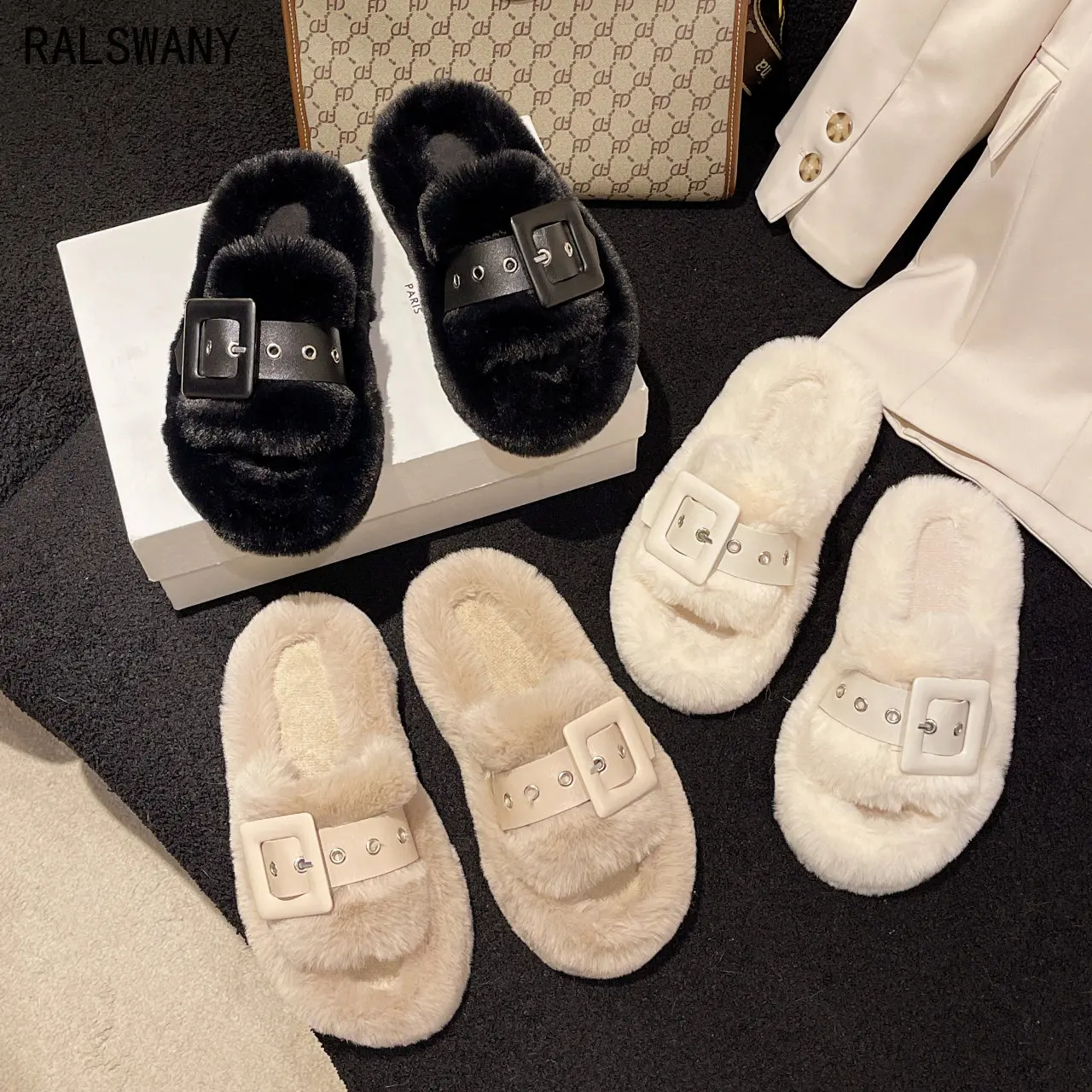 Concise Women's Flat Slippers with Faux Fur Soft Home Cotton Shoes 2023 New Arrival Warm Slippers Women Med (3cm-5cm)