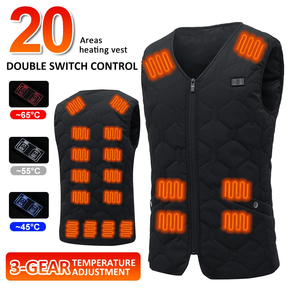 USB Electric Heated Vest 20 Heating Zones Washable Winter Thermal Jacket Sleeveless Vest Body Warmer For Outdoor Cycling Skiing