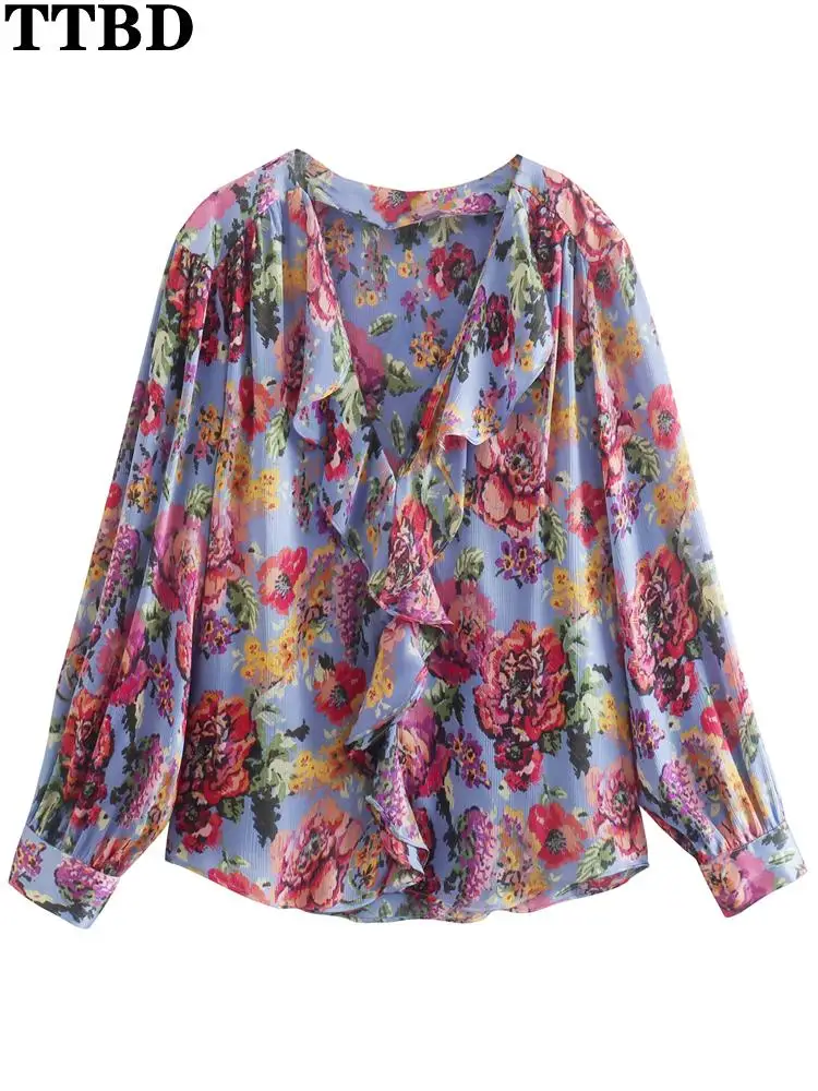 

TTBD traf chemise femme fashion with ruffled floral print shirts vintage long sleeve loose female blouses blusas chic tops