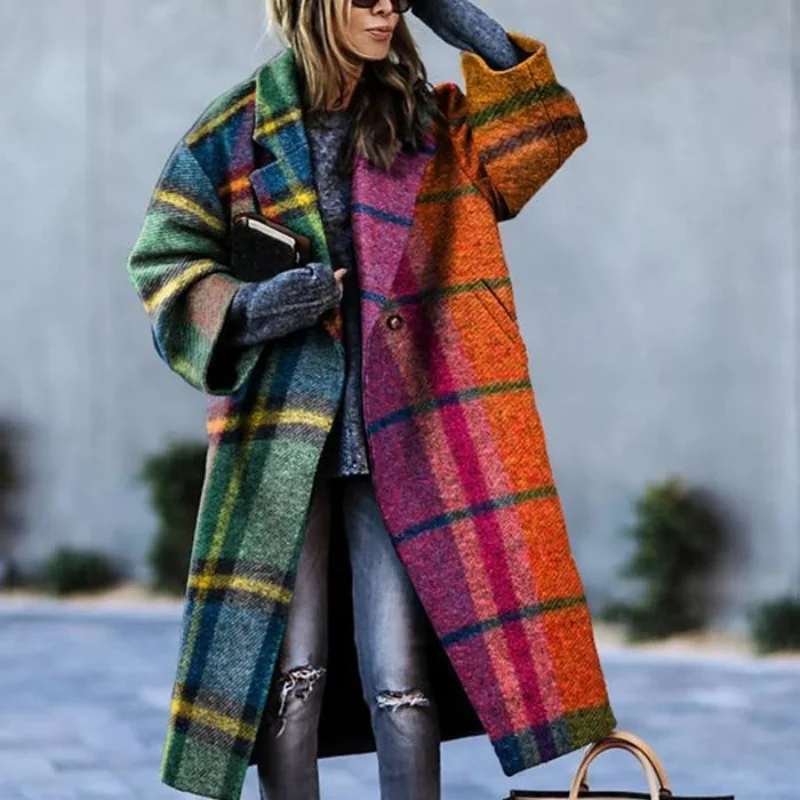 

2022 Fall Women Colorblock Plaid Coats and Jackets Women Long Sleeve Lapel Jacket Printed Woolen Coats