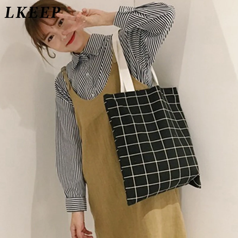 

Women Students Canvas Shoulder Bag Ladies Vintage Plaid Handbag Totes Female Large Capacity Crossbody Shopping Bags