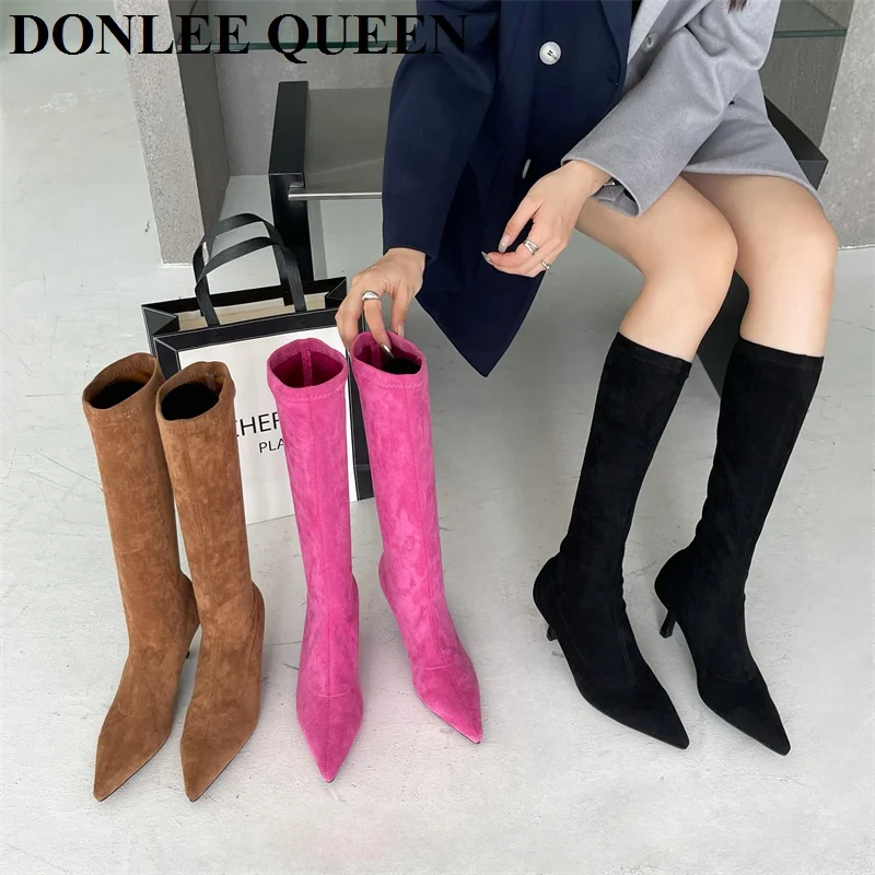 

Fashion Women Knee Boots Sock Stretch Booties Autumn Winter Flock Botas Thin Med Heels Slip On Pointed Toe Pumps Rose Pink Mujer