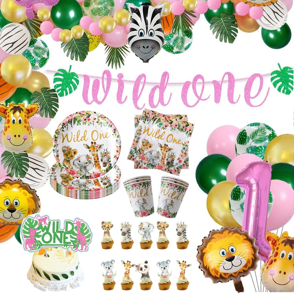 

Wild One Jungle Animal Theme Latex Balloon Cup Plate For Birthday Party Newborn Baby Wild Animal Decoration Supplies Gifts