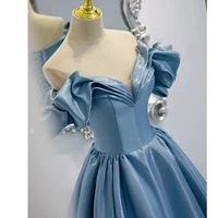 blue satin evening dresses v neck simple a line off shoulder back lace up floor length ball prom party gowns vestidos de fiesta