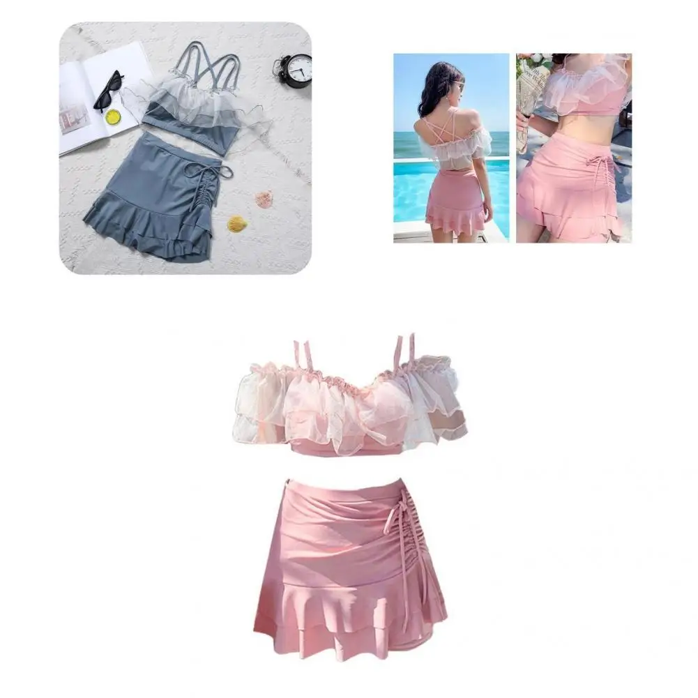 

2Pcs/Set Popular Cute Bikini Shirring Breathable Bra Skirt Set Sexy Cute Bikini Pink Sweet Suit