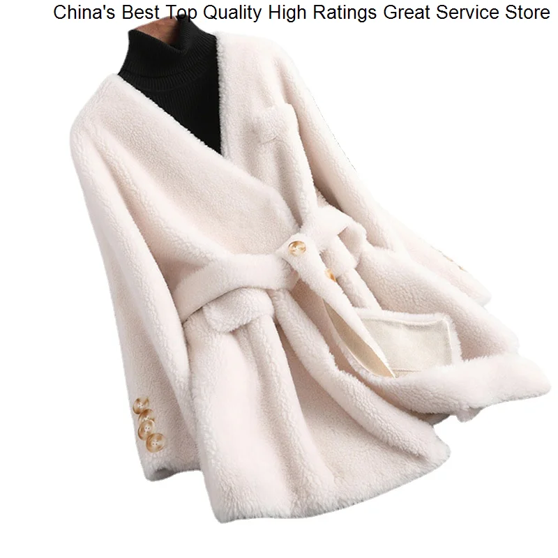 

Winter Woman Real Fur Hwitex Jacket Sheep Shearing Coat Official Lady Trench Wool Long Belt fur coat HW1130