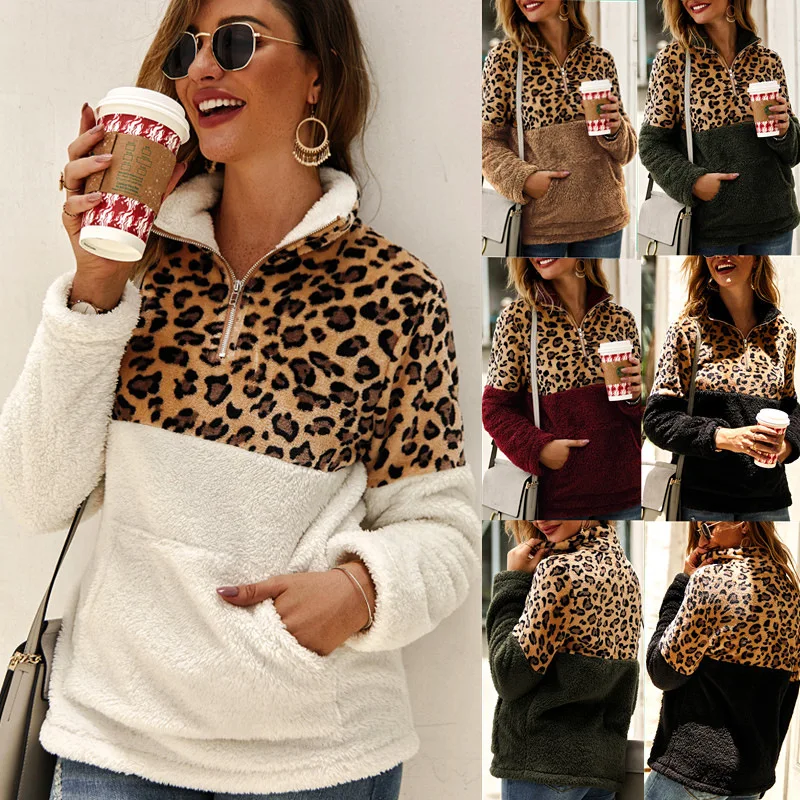 2022 autumn and winter new long-sleeved sweater leopard print stitching top