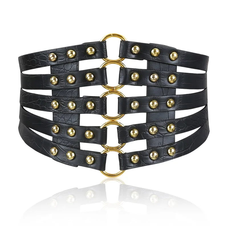

EagleKu New Brand Design Vintage Metal Ring Belt Gold Ladies Women Female Fashion Rivet Wide Waist Elastic 5 Straps PU Belt