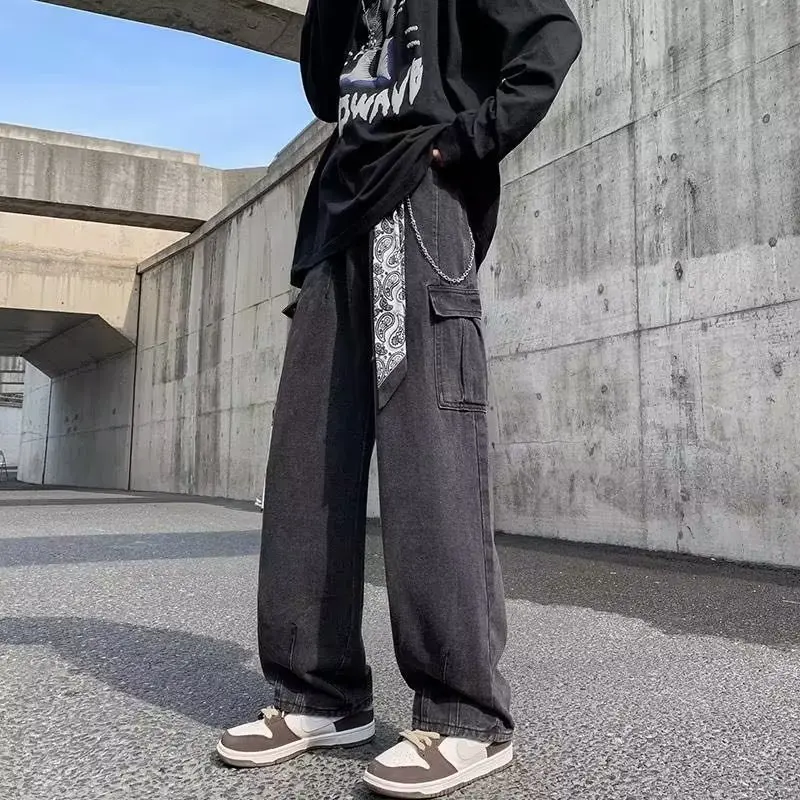 2023 Fashion Loose Fit Unique Big Side Pockets Jeans Casual High Street Baggy Handsome Pants