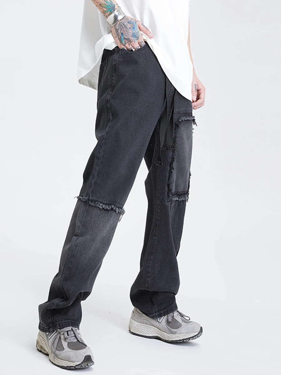 Four Seasons Men's Jeans Dark High Street Retro Loose Straight Wide Leg Pants Streetwear Y2K Men Jeans Ins Hot Men's Clothing