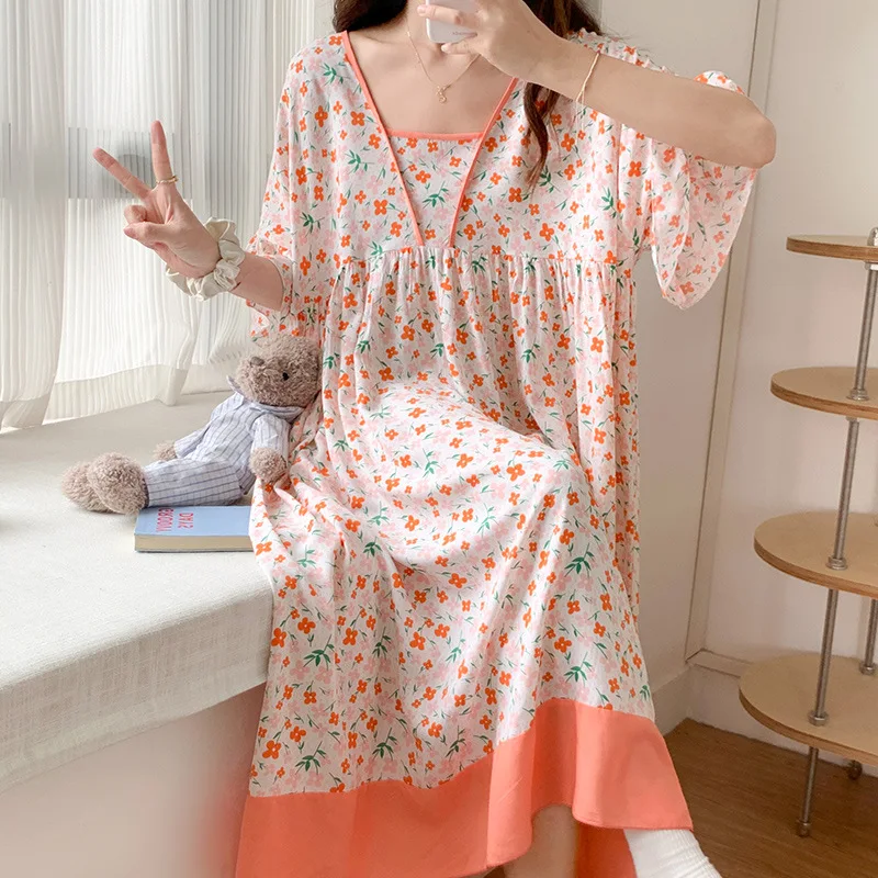 Summer Girls' Sweet and Lovely Short Sleeved Pajamas Women Loose Oversized Nightgown Household Clothes Popular Cute Sleep Dress